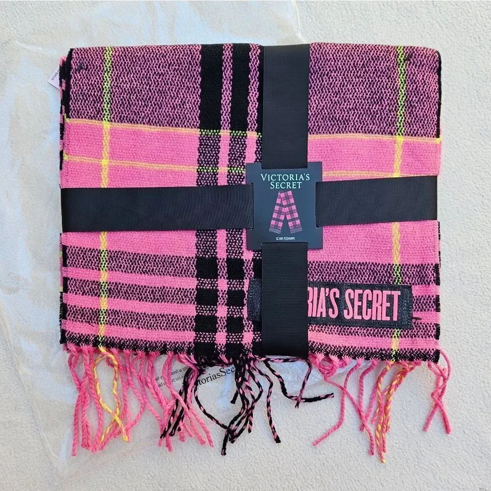 Victoria's Secret Pink Black and Yellow Plaid Fringe Scarf